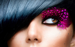 Woman blackhair pinkmakeup flower eyeliner - realistic eye free wallpaper