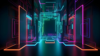 Neon hallway door open holography - the end free wallpaper