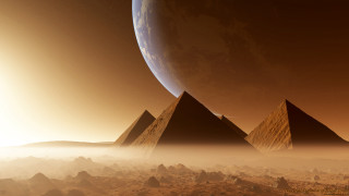 Pyramids desert planet sky sunset - a planet in the background free wallpaper for desktop