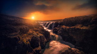 Waterfall sunset river mountain city - a waterfall free wallpaper for desktop