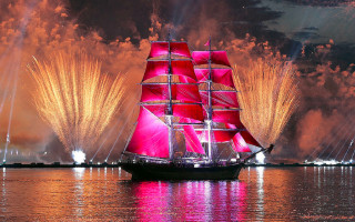 Boat fireworks red sail autumn - the background and a sky free wallpaper