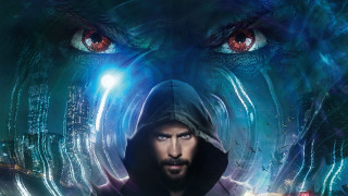 Man hooded jacket red eyes - a futuristic city in the background free wallpaper