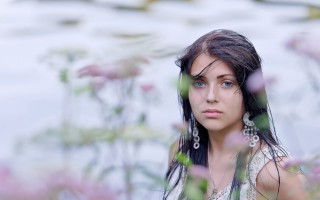Woman long hair flowers blue - long hair and earrings free wallpaper