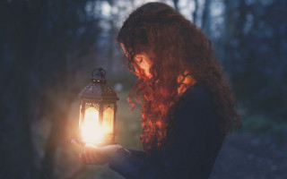 Woman lantern forest night radiant - her face and hair free wallpaper