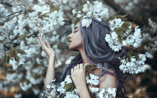 Woman long hair flower tree - art nouveau free wallpaper