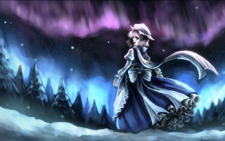 Woman long dress hat snow - a purple sky behind her free wallpaper