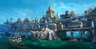 Fantasy castle bridge waterboat cityscape - the water and a bridge in the background free wallpaper