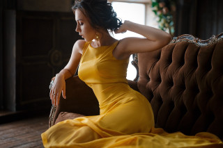 Woman yellow dress elina karimova - elegant pose free wallpaper for desktop