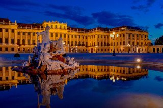 Fountain building clocktower night reflection - anton graff free wallpaper