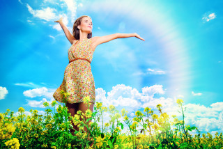 Woman dress field flowers sunbeam - free fantasy wallpaper