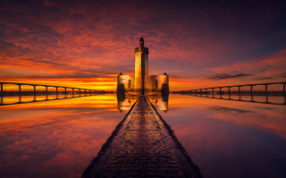 Sunset reflection pier tower cityscape - the sky and water free wallpaper