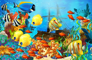 Sea life ship fish coral - a ship free wallpaper