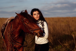 Woman horse field outdoors fashion - a sky in the background free wallpaper