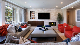 Livingroom couch coffeetable television fireplace - a fireplace free wallpaper