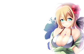 Evelyn blonde hibiscus flower bikini - anime art style free wallpaper for desktop