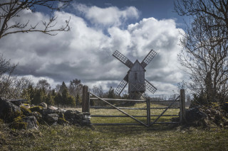 Windmill gate field trees rocks - a windmill free wallpaper