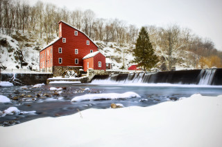 Red barn snowy hill river - american barbizon school free wallpaper