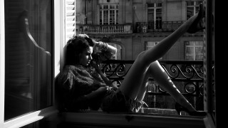 Woman sitting window sill blackwhite - free vintage wallpaper