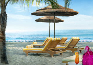 Beach lounges umbrellas beachbag pinkbag - didier mouron free wallpaper