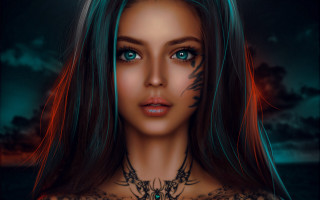 Woman deer tattoo cyberpunk gothic - digital painting free wallpaper