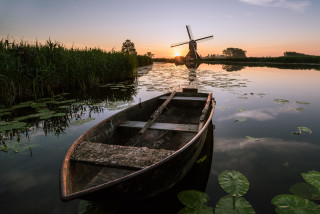 Boat windmill lily pads sunset - lily pad free wallpaper