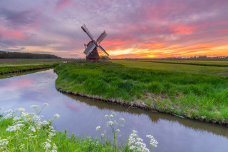 Windmill green field river cloudy - a windmill free wallpaper