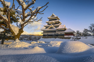 Snow covered pagoda japan mountain - free winter wallpaper
