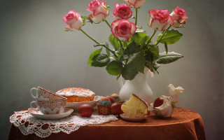 Vase roses tea cake table - oil painting free wallpaper