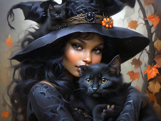 Witch hat black cat autumn - dark fantasy art free wallpaper for desktop