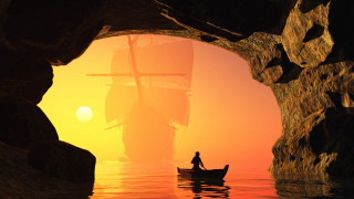 Cave boat sunset mountain moon - a man in a boat free wallpaper