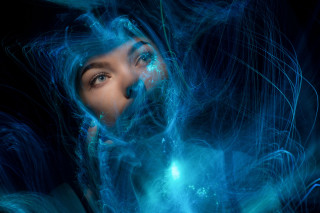 Blue hair glowing hologram face - ball free wallpaper for desktop