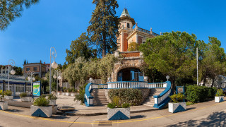 Clock tower blue stairs trees - cagnaccio di san pietro free wallpaper