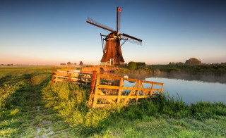 Windmill greenfield river bush sky - a windmill free wallpaper