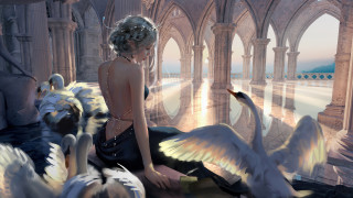 Woman bench swans man bird - charlie bowater free wallpaper