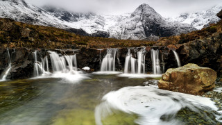 Waterfall snow mountains stream rock - free spring wallpaper