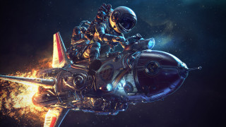 Space man motorcycle rocket fireball - cedric peyravernay free wallpaper