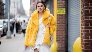 Woman yellow fur coat shopping - maximalist free wallpaper