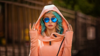 Blue hair pink hoodie sunglasses - fashion free wallpaper