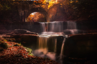 Waterfall forest bridge autumn leaves - the ground below free wallpaper