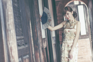 Woman dress fan smiling doorway - a fan free wallpaper