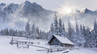 Mountain cabin snow forest sunbeam - german romanticism free wallpaper