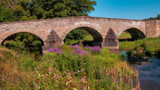 Stone bridge river purple flowers - alexander johnston free wallpaper