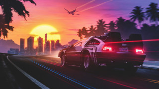 Car plane sunset retrofuturism matte - outrun free wallpaper