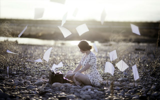 Woman rock beach water paper - paper free wallpaper