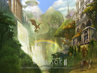 City waterfall dragon flying painting - a painting of a city free wallpaper
