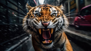 Tiger roaring street rain photorealistic - tooth wide open free wallpaper