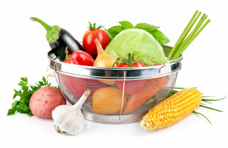 Metal colander fresh vegetables white - arcimboldo free wallpaper