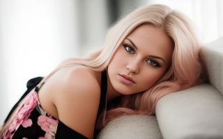 Blonde woman laying couch floral - her eye free wallpaper