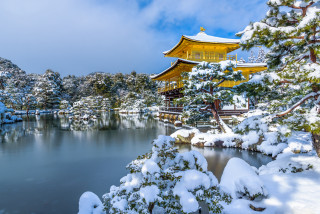 Snowy pagoda lake forest ukiyo - snow free wallpaper