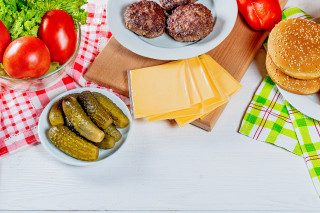 Food table hamburger pickles cheese - and cheese free wallpaper